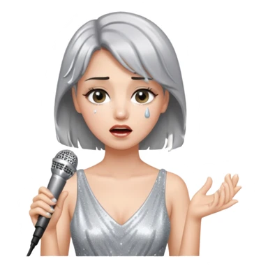 A female singer in sparkling dress holding a mic with emotional expression sticker