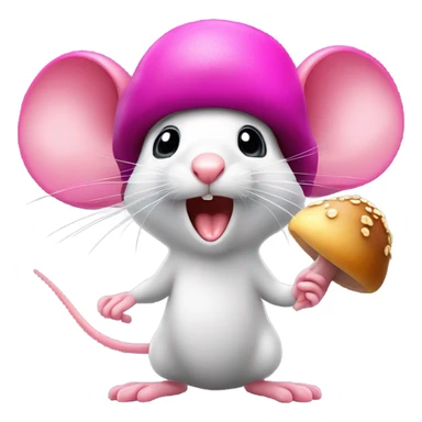 A hot pink mouse with long eyelash extensions is opening his mouth very wide to try to eat the cap of a mushroom that he is holding by the stem in his paws sticker