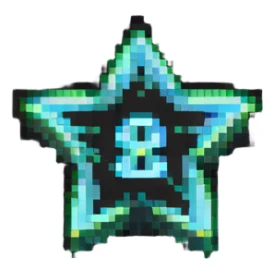 five-pointed star with the number 8 centered inside, pixel art style sticker