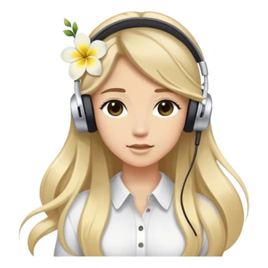 im a streamer, i need a emoji of me, brunette long hair with a blonde balayage, i wear white earpods with mic and a hawaian white and yellow center flower in the right on top of the earphone and is like smal  sticker