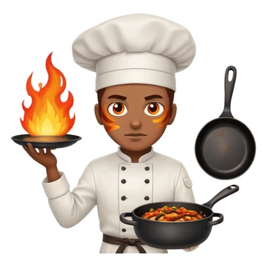 proud chef with blazing fire eyes, crossing two skillets across chest like a warrior sticker