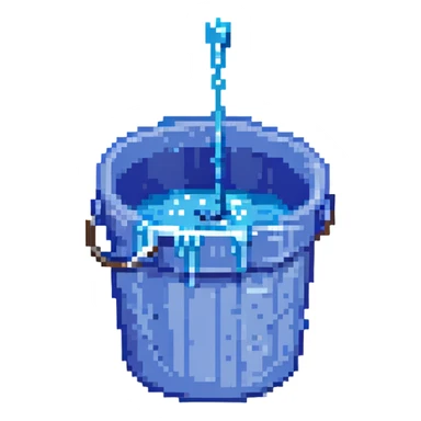 blue bucket of water with a hole in the side, water pouring out, pixel art style sticker