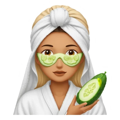 woman at the spa with cucumbers slices covering her eyes and tan skin tone with towel completely covering hair and robe on sticker