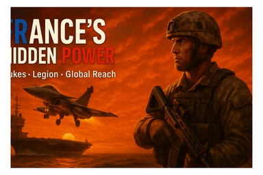 Reformat the image for a YouTube video thumbnail with a 16:9 aspect ratio. Include a bold and readable tricolor headline 'FRANCE’S HIDDEN POWER' and clear subtext 'Nukes • Legion • Global Reach'. Ensure an epic sunset scene with a Rafale jet taking off from a French carrier, and a Foreign Legion soldier in desert camo holding an advanced rifle in the foreground. The style should be cinematic, high contrast, vibrant colors, optimized for YouTube thumbnail visibility. sticker