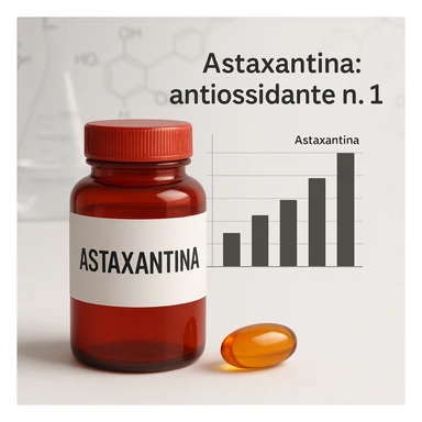 hyper realistic red bottle labeled 'Astaxantina' with orange and golden capsule next to it, bar chart showing Astaxantina on top, Italian text 'Astaxantina: antiossidante n.1', scientific atmosphere, white background sticker
