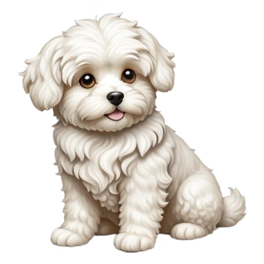 detailed-[curly haired maltese-dog]-realistic-full-body-sitting-emoji,-tail-resting-loosely-beside-its-paws,-head-tilted-dramatically,--wavy-[cream-white]-fur,-simplified-yet-realistic-focused-features,-highly-detailed,-glowing-with-an-almost-sarcastic sticker