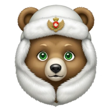 Adorable bear head with big green eyes and soft expression, wearing white fluffy ushanka with detailed Russian emblem in center, iOS emoji style sticker