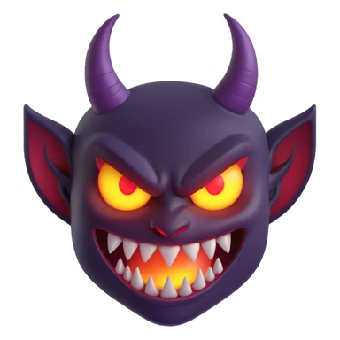 devil emoji with holographic purple and black colors, sharp fangs, glowing yellow eyes, dramatic shadows, holographic effect sticker