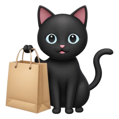 A cute black cat standing on two legs, happily running while holding a shopping bag. Minimalist emoji style, clean vector look, soft colors, rounded shapes, and expressive face sticker