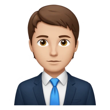 un homme type caucasien brun avec des jolies traits avec une chemise blanche et une veste a manche longues et cravate bleu il a les yeux marron sticker