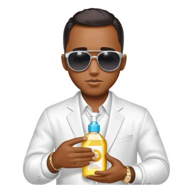 Diddy wearing sunglasses in a party outfit holding baby oil  sticker