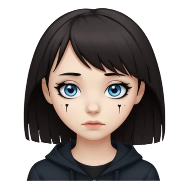 white emo girl with dark brown hair and bangs over her whole forehead wearing black eyeliner with blue eyes wearing black clothes with a black broken heart above her head sticker