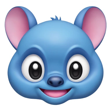cute emoji-style alien face inspired by Stitch from Lilo & Stitch, only the head, big round dark eyes, wide playful smile, blue fur, large floppy ears with pink inside, kawaii style, minimal details, pastel colors sticker