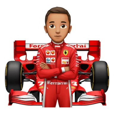 lewis hamilton en combinaison rouge ferrari devant sa f1 sticker
