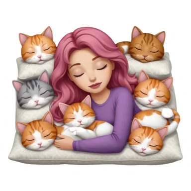 girl with long wavy brown hair, long lashes makeup, sexy pink lips, light to medium complexion,  sleeping on a cozy pillow, with 6 cats: 1 ginger/white, 1 grey with white paws, 1 calico, 2 grey and white and one tabby and white sticker