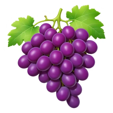 3D iPhone style emoji of a bunch of grapes, plump and shiny, purple color, attached to a small green stem, isolated on white background, soft shadows, high detail, playful and cute. sticker
