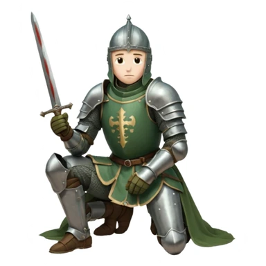 A lone medieval knight in a green worn armor kneels. His helmet is closed, hiding his face, conveying silence, exhaustion and contemplation. A long sword is planted in the ground beside him, its hilt resting near his gloved hands as if he is praying or resting after battle. sticker