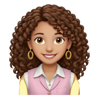 chica un poco morena (no demasiado), pelo rizado largo, sonriendo, con ojos grandes y marrones con camisa rosa palo y un chaleco blanco y aretes dorados en forma de circulo en sus orejas  sticker