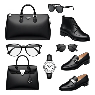 bag and watch, and glasses 1, shoes specfic, all BLACK AND WHITE AND SILVER OR WHITE PLATED GOLD put together like a bundle with no face, all luxury items like lv and prada, and rolex, and balenciaga sticker
