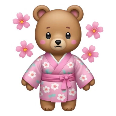 A cute light-brown bear wearing a pastel pink sakura-patterned kimono, normal balanced body ratio.  
Tilting head slightly with a confused face, a big floating question mark above the head.  
Kawaii emoji style, minimalistic clean sticker illustration, white background. sticker