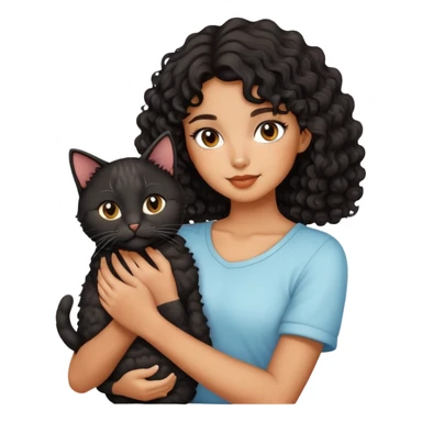 A beautiful girl with short curly black medium long hairs holding a cat sticker