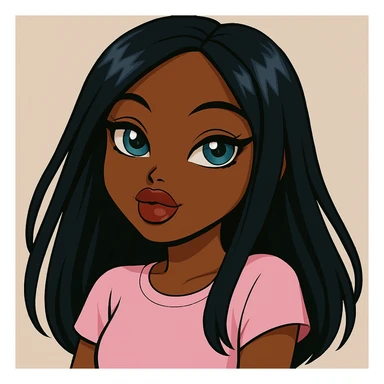 Change her expression to dreamy, headshot only, 20-year-old anime Bratz style woman with dark skin, straight hair, more casual outfit, big expressive eyes, glossy lips, no hat, no tears, looking straight ahead. The style should reflect anime Bratz aesthetics with emphasis on big expressive eyes and glossy lips. sticker