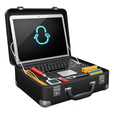 open black hacking briefcase with visible cables, laptop, and electronic tools sticker