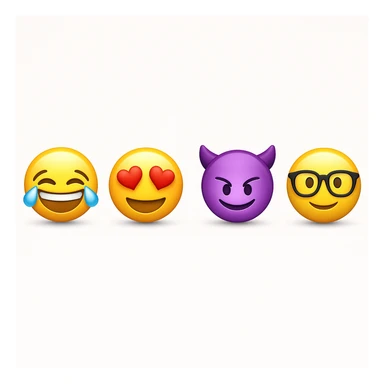 make four emojis on white background with good amount of shadow, four emojis of smiley's only. one laughing, second heart eyes, third purple devil and four black glasses emojis  sticker