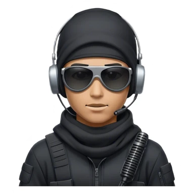 Futuristic special forces soldier wearing a white balaclava, black wraparound sunglasses, and a military headset with a microphone. Dressed in a dark hoodie. sticker