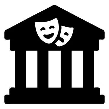 cultural building, theater facade with columns, black fill, concise silhouette, urban theme, uniform line thickness sticker