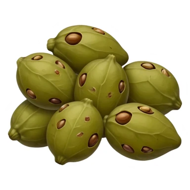 a few capers grouped together, olive green to brown, wrinkled skins, some with small stems, matte to light gloss, brined texture, no jar or garnish, soft lighting, emoji scale sticker