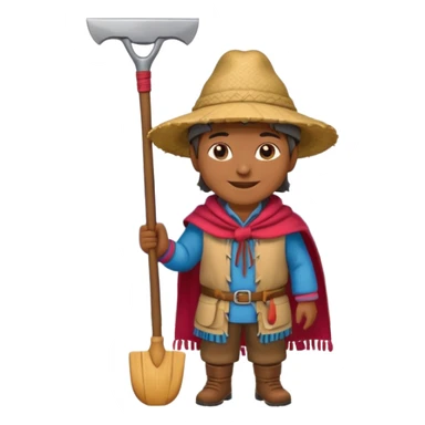 3D emoji style illustration of a Peruvian Andean farmer, wearing traditional chullo hat and poncho, holding a hoe, smiling, mountains in background, bright natural colors, bold outlines, glossy sticker style, transparent background sticker