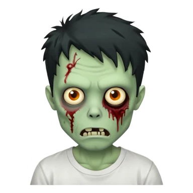 Rosto de frente classico de zombie boca meio torta cabelos medios pretos bagunçados low fade com pele verde clara camiseta branca sticker