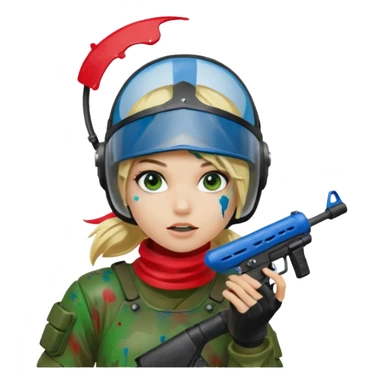 blond girl playing paintball with red paintball helmet, only face sticker