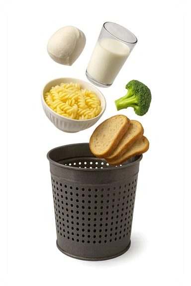 SECCHIO DELLA SPAZZATURA DENTRO CUI CADE UNA MOZZARELLA, UN BICCHIERE DI LATTE, UNA BOWL DI PASTA, QUALCHE BROCCOLO, QUALCHE FETTINA DI PANE sticker