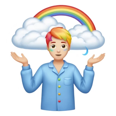 person in pajamas conjuring a swirling rainbow cloud sticker