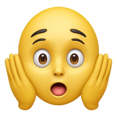 A 3D glossy yellow emoji of a shocked horrified face, with mouth and eyes are wide open, eyebrows  raised, and hands against their face, black background, high quality, soft studio lighting sticker