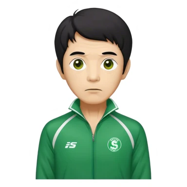 Seong Gi-hun : age 70, skinny and bony face, very small mouth, thick eyebrows deep eyes, unkempt black hair , Green player tracksuit. sticker