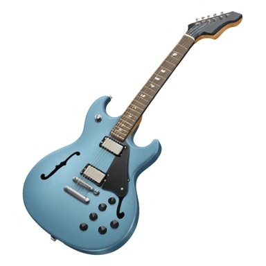 A gray-blue electric guitar with a black pick guard and only one volume knob, make the head tan sticker