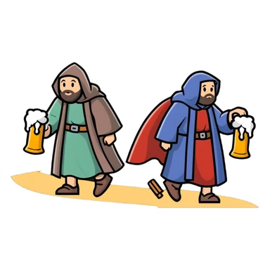medieval pilgrims walking on a journey path with cloaks and beer bottles sticker