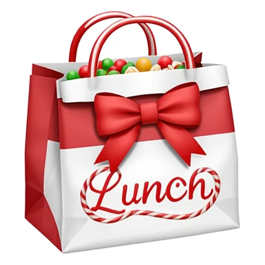 christmas paper lunch bag with the word lunch on it and a bow and candycanes sticker