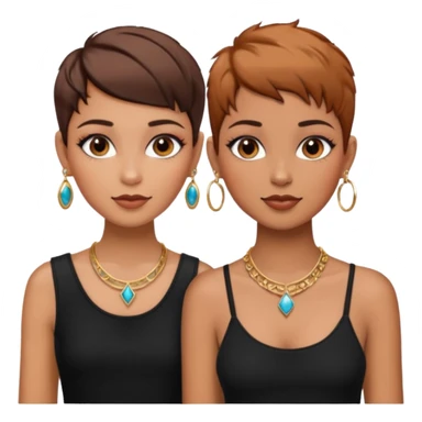 Puerto Rican fair skin straight brown pixie cut hair with hoop earrings make up and my best friend brown  colored pixie cut with jewelry and makeup on her caramel color face besties side-by-side wearing black  sticker