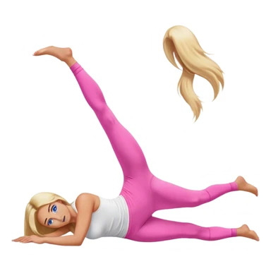 A cinematically realistic blonde with long hair and blue eyes, dressed in a white top and pink leggings, does a glute bridge exercise sticker