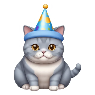 British shorthair blue cat with round face and chubby cheeks wearing a colorful birthday hat sticker