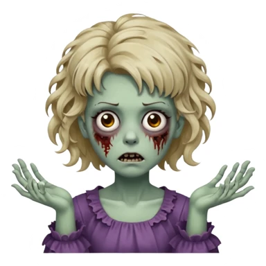 Cabelo ondulado  um pouco cheio e franja curta  Olhos marrons e pequenos e feita d ezumbi mais bonita com cabelo amarro na e com as mãos assim tipo assim🧟‍♀️ sticker