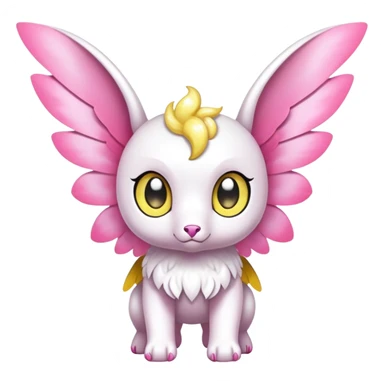 Shiny epic glittery divine white yellow pink animal-fakemon-creature with head-ear-wings, cute, adorable, big eyes sticker