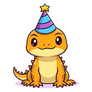 Grumpy unhappy bearded dragon with a birthday hat sticker