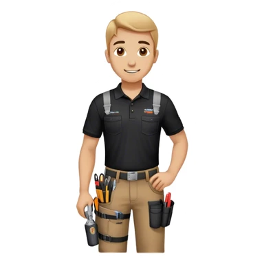 A skilled building technician with a friendly smile. He wears a black polo shirt with a company logo and dark work pants equipped with tool holsters. Holding a diagnostic tool and cables, he appears focused and professional, ready for maintenance or repair tasks. sticker