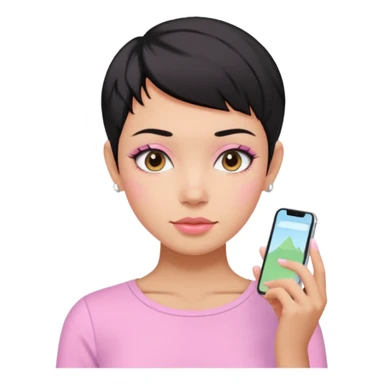 tan girl pink shirt with black hair & a pixie, cut no earrings, doing cute pastel colors skin care sticker