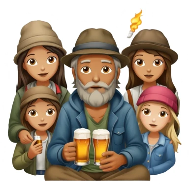 homeless man with a lot of girls a lot of beer and a joint sticker